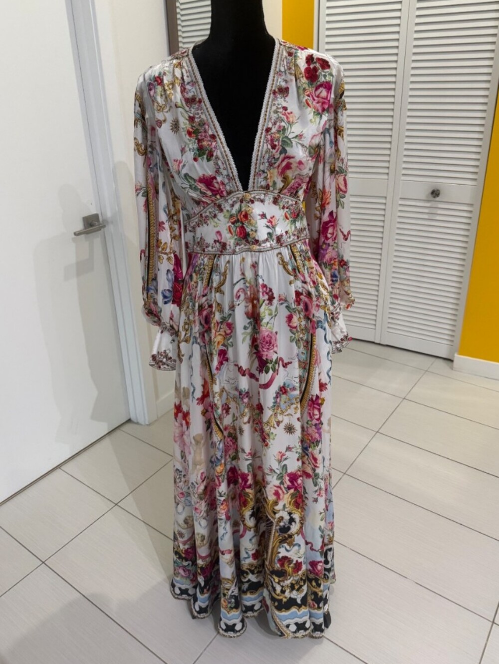 Camilla White Maxi Dress with Pink Floral and Gold Accents